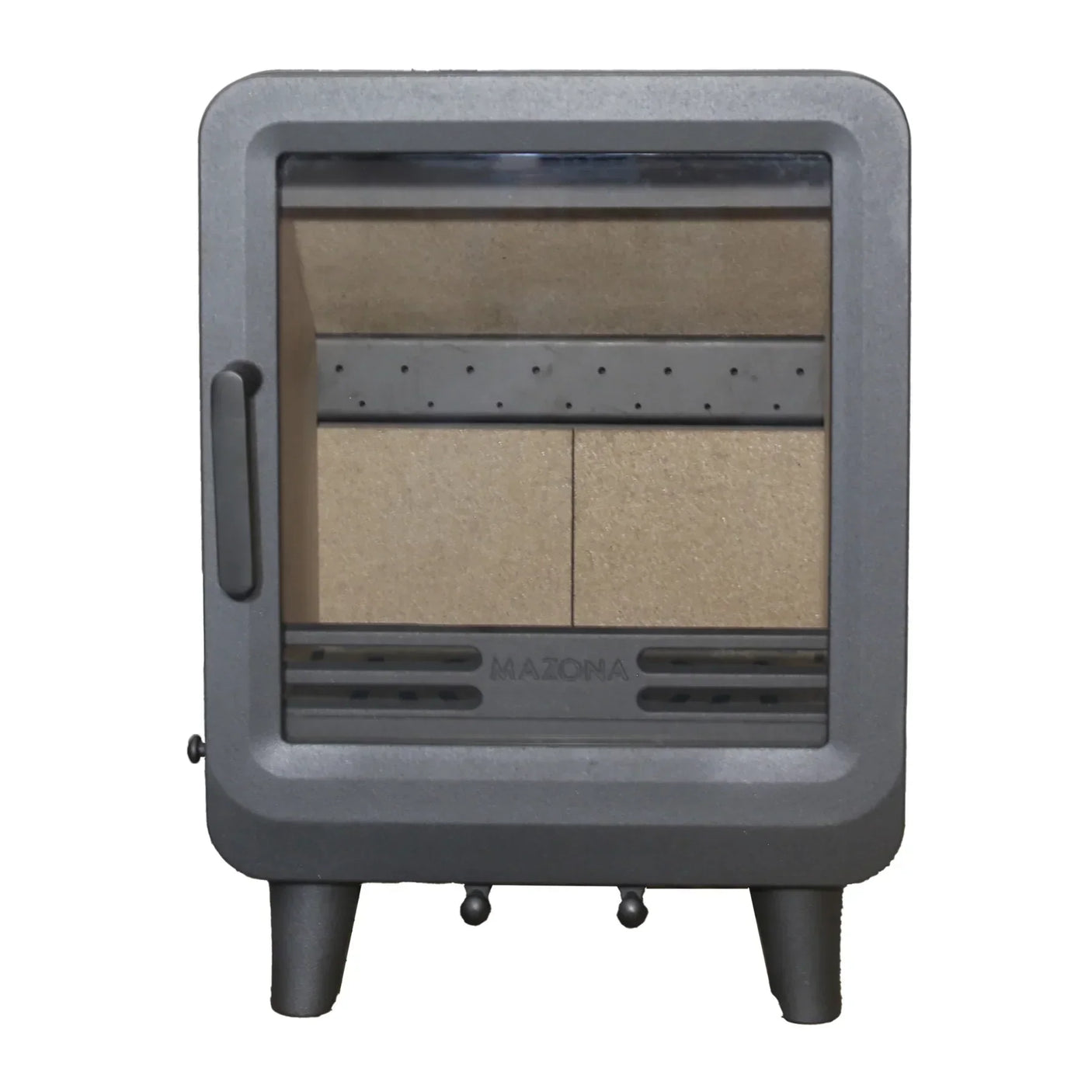 Grey freestanding stove with glass door, metal frame, and visible firebrick interior