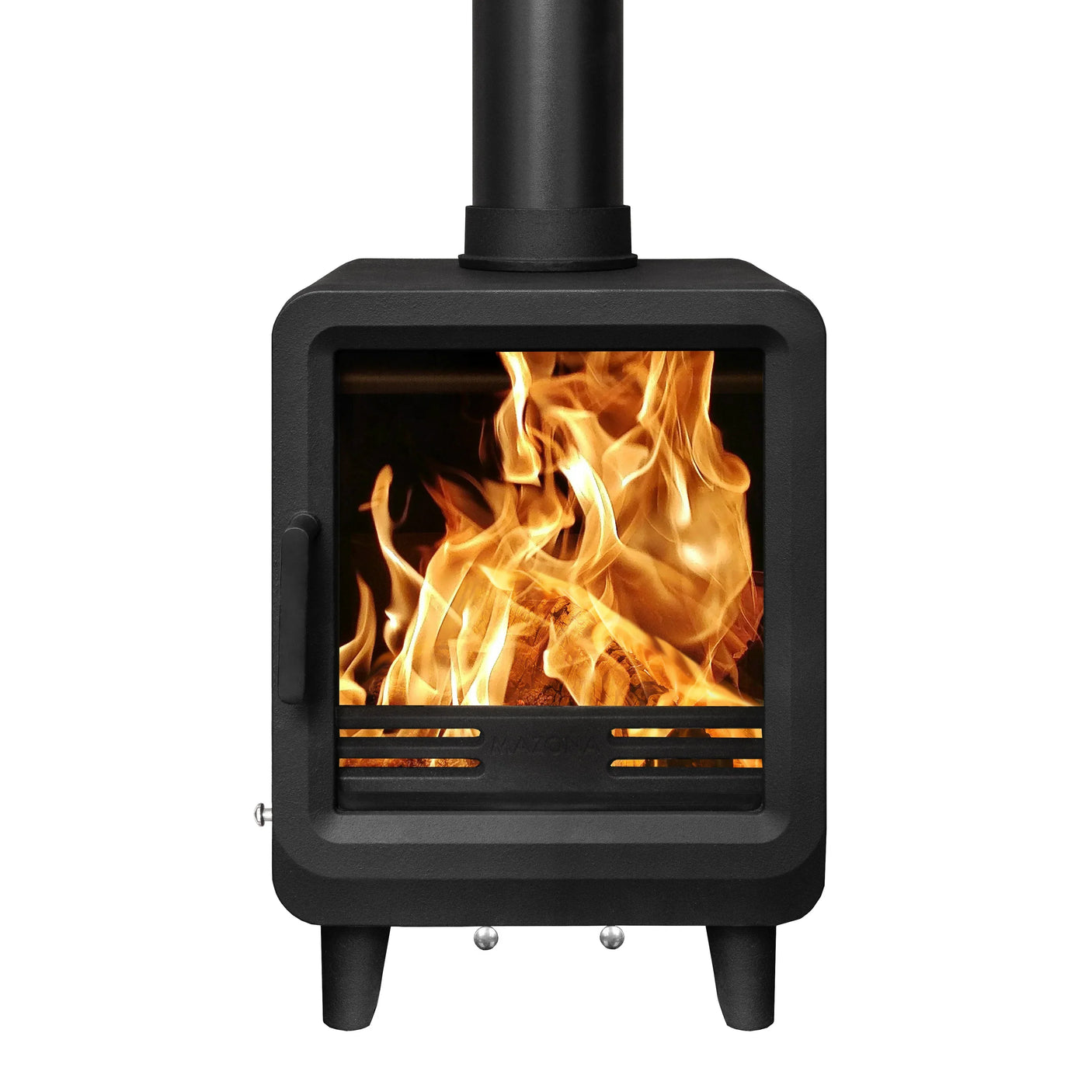 Square black wood burning stove with glass door showing visible fire and flames inside