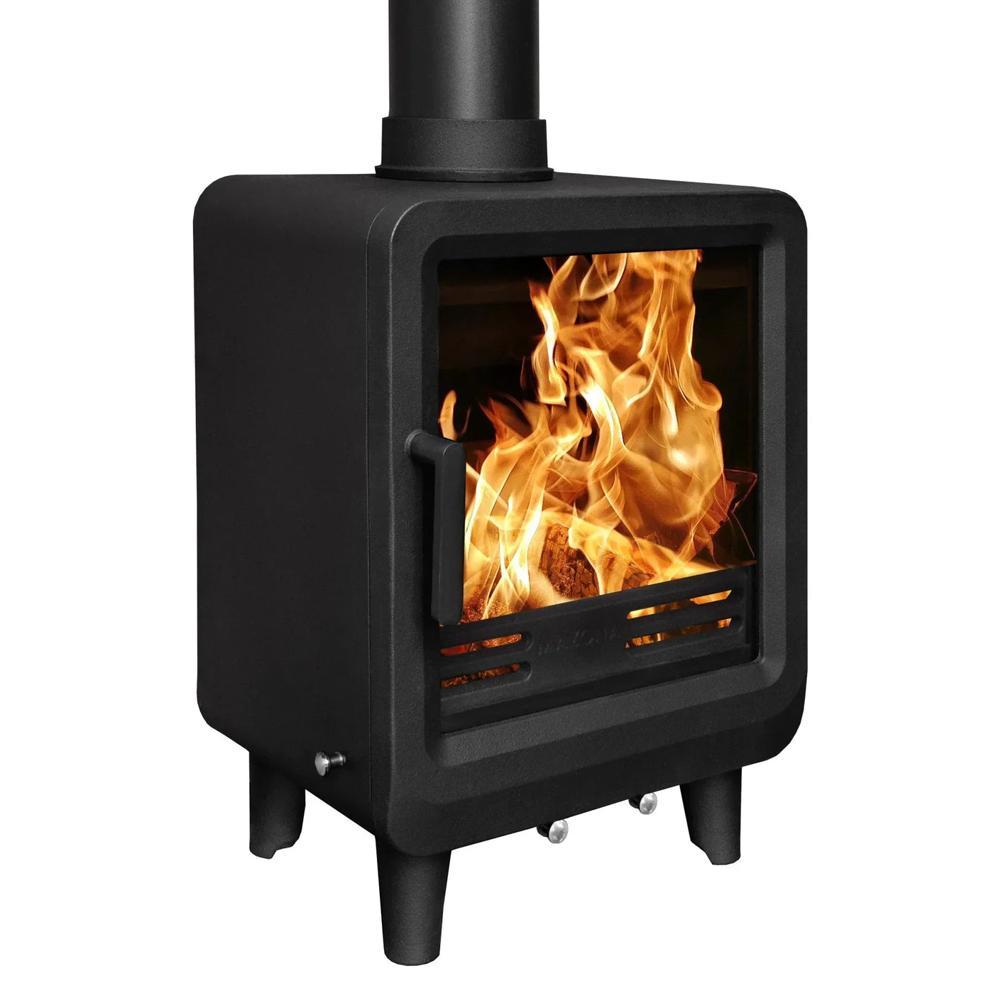 Black freestanding wood burner stove with glass door showing fire inside