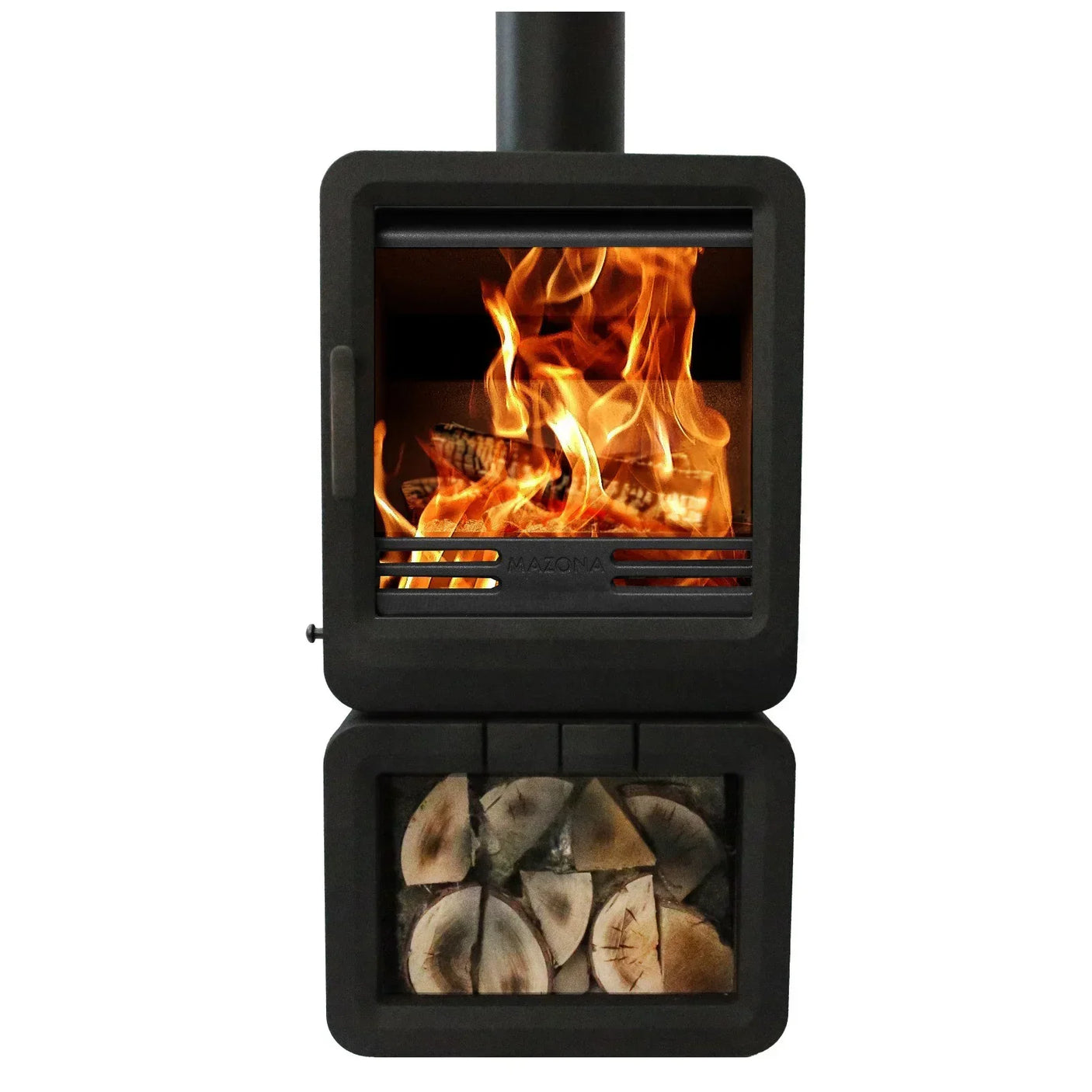 Black log store wood burning stove with glass door and split logs stored beneath