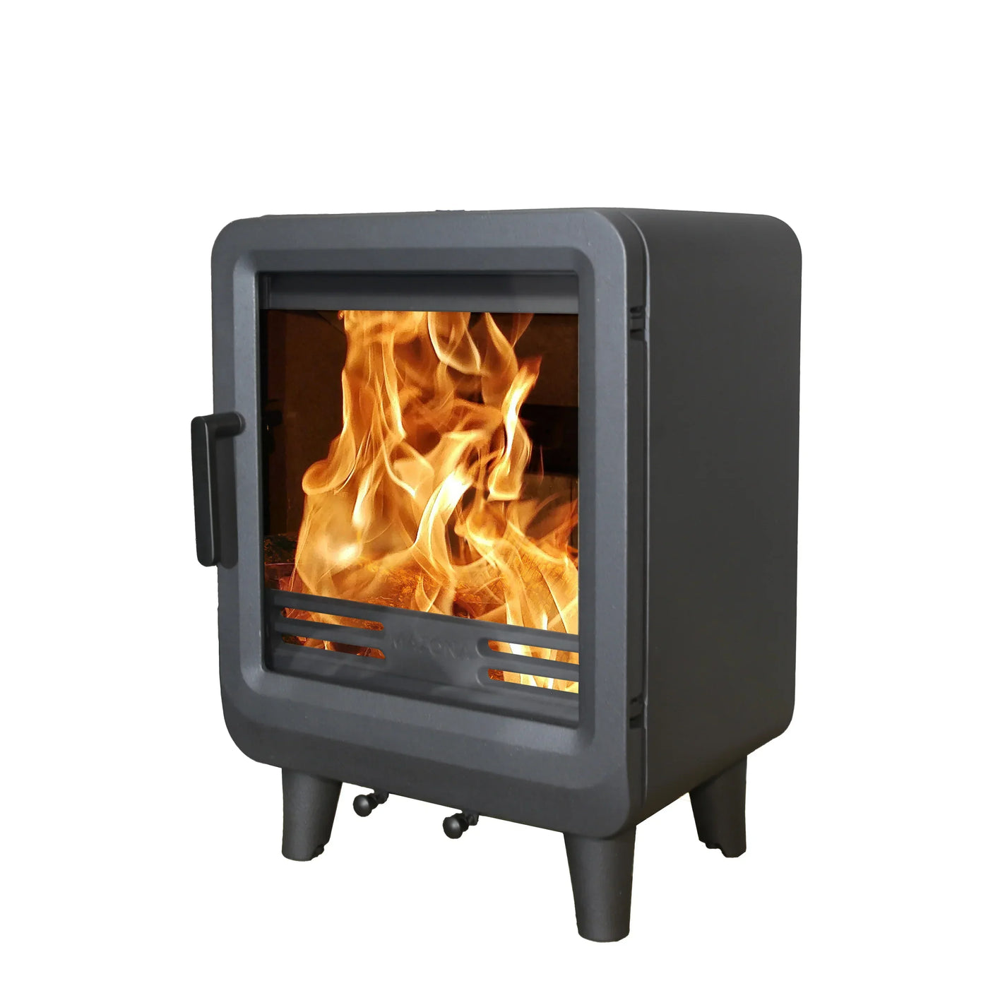 Grey freestanding wood burning stove with glass front showing flames, photographed at angle