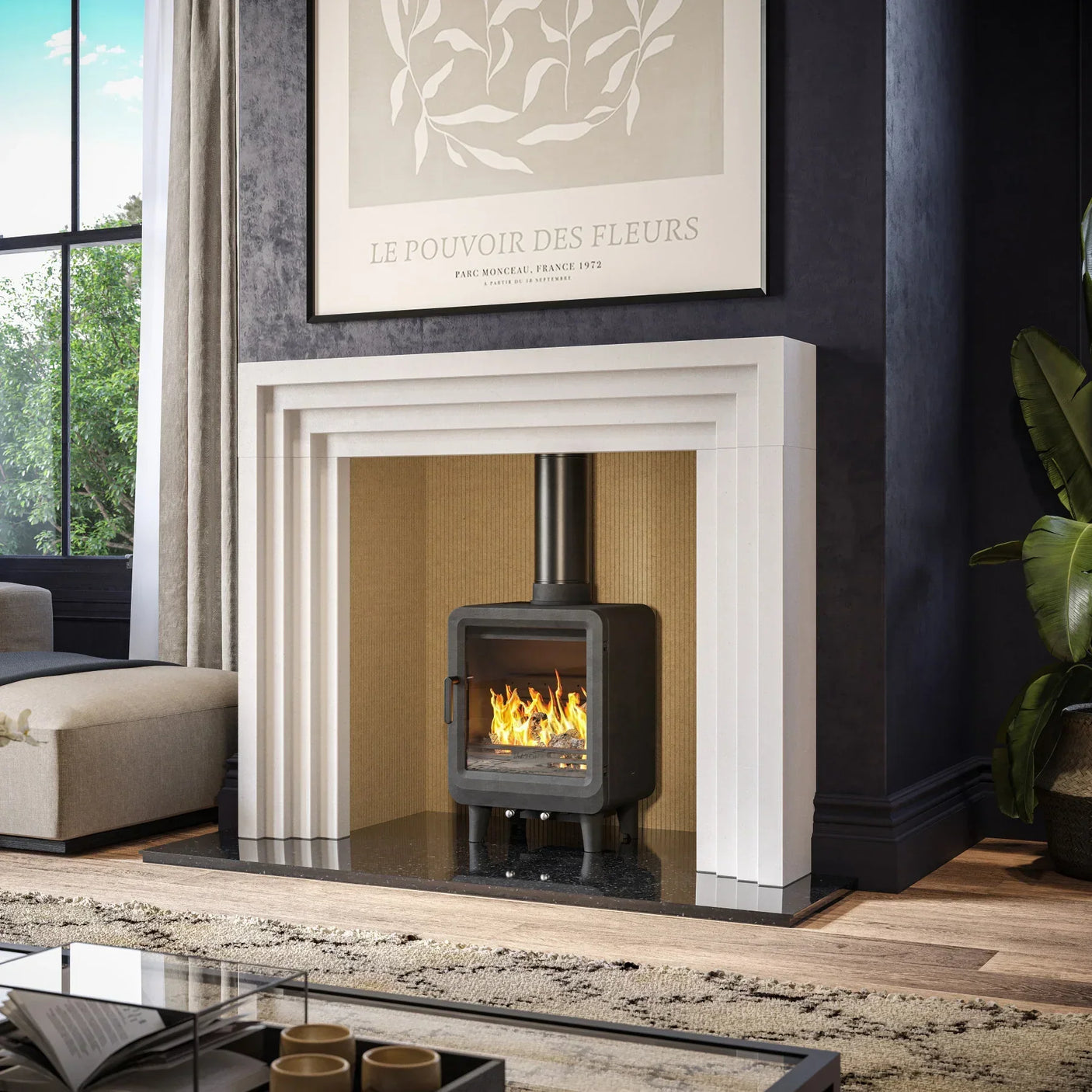 Obsidian slim wood burning stove with glass door in modern white square fireplace setting