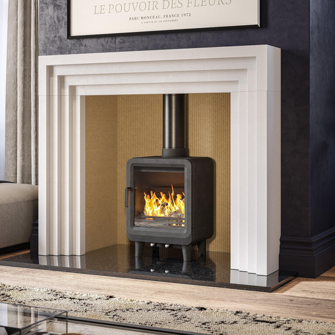 Obsidian slim wood burning stove with flames inside modern fireplace surround