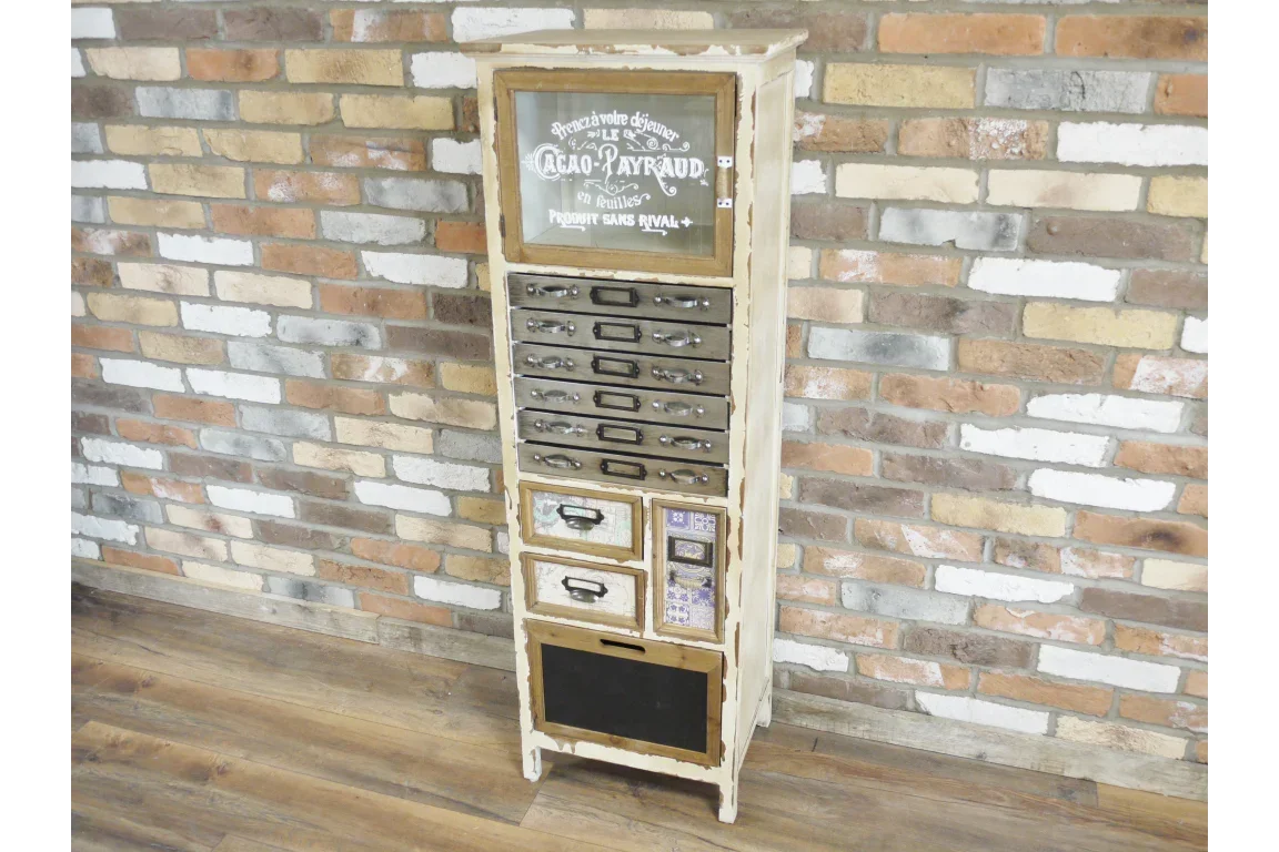 Tall vintage wooden storage cabinet with multiple drawers and distressed finish