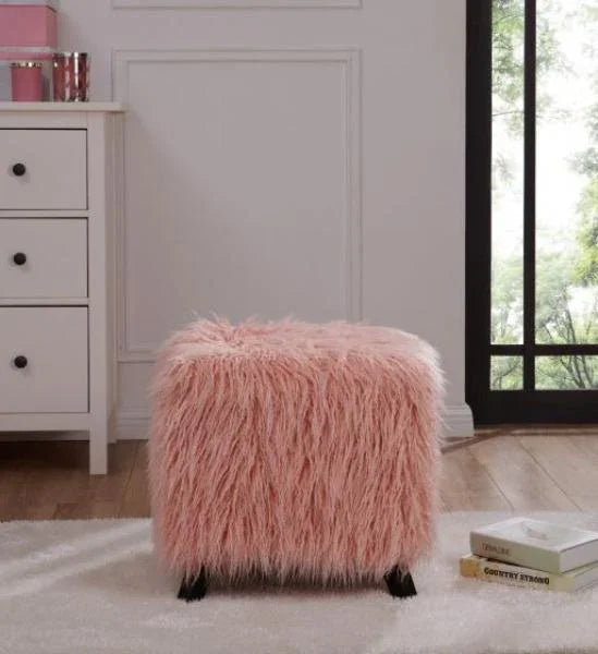 Heavy Shag Faux Sheepskin Cube Stool- Pink
