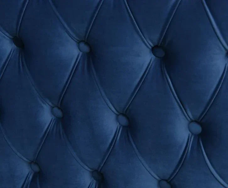 Close-up of navy blue velvet tufted sofa upholstery with button detailing