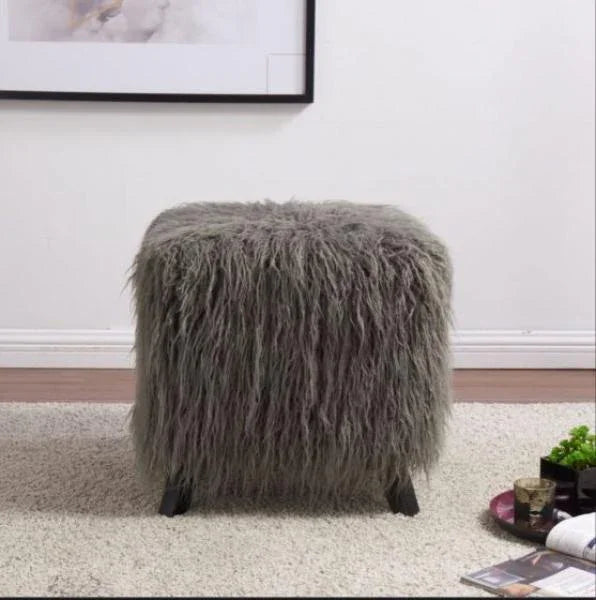Heavy Shag Faux Sheepskin Cube Stool- Grey