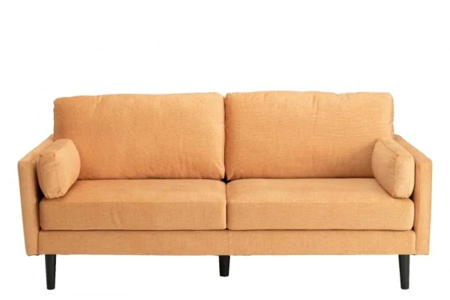 Modern fabric sofa in light orange with straight arms and black legs, front view