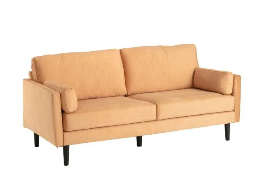 Modern two seater fabric sofa in light orange with black wooden legs, front angle view