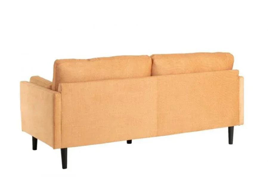 Mustard yellow fabric sofa with slim black legs, rear angle view