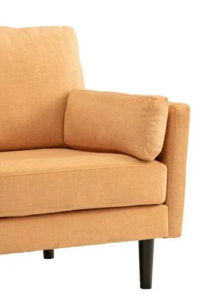 Mustard fabric sofa corner with armrest cushion and black legs on white background