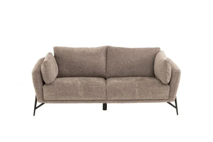 Light brown fabric sofa with metal legs and two side cushions, front view