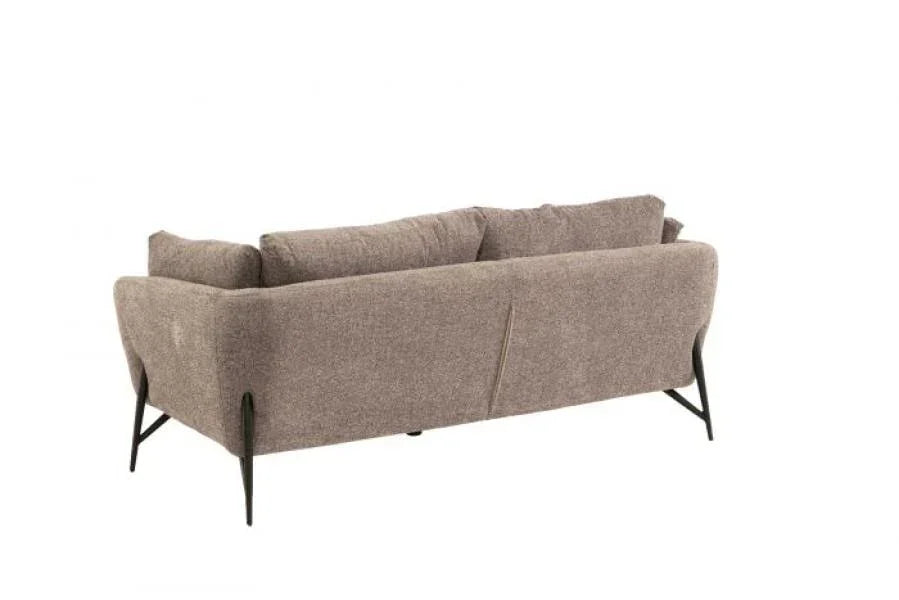 Modern taupe fabric sofa with metal legs shown from rear angle