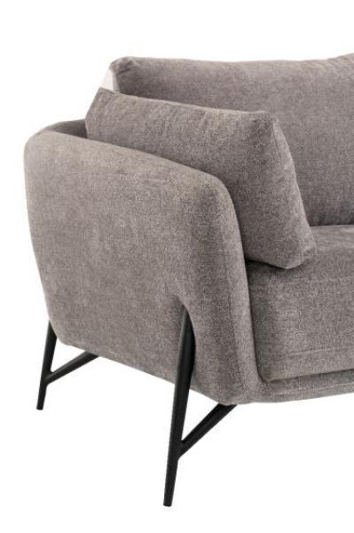 Light grey fabric sofa with black metal legs and angled armrest