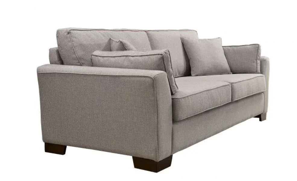 Light grey fabric sofa with square arms and scatter cushions, angled front view