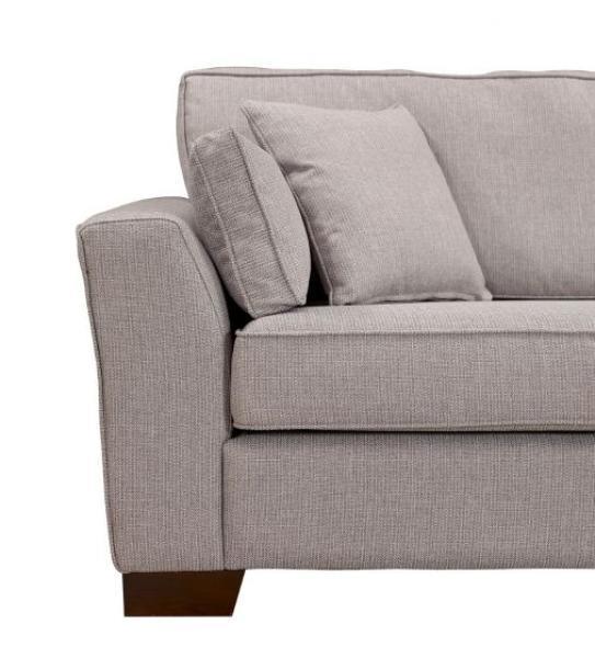 Light grey fabric sofa with square armrest and two matching scatter cushions, front angle view