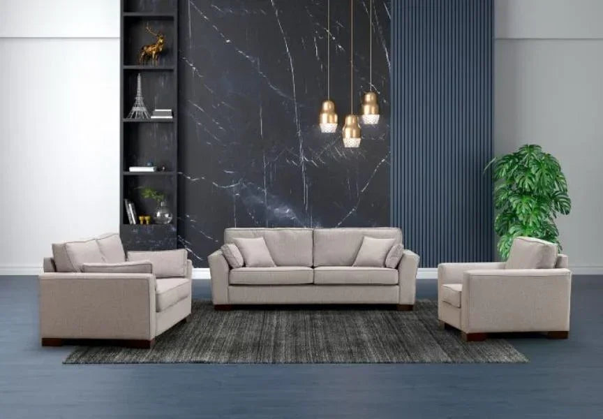 Beige fabric sofa set with armchair and loveseat in contemporary living room