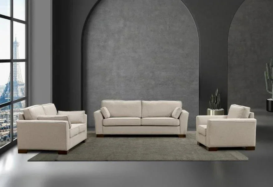 Beige fabric sofa set with armchair and loveseat in modern living room on grey rug