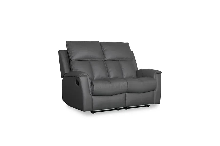 Grey leather recliner sofa with padded back and armrests on white background