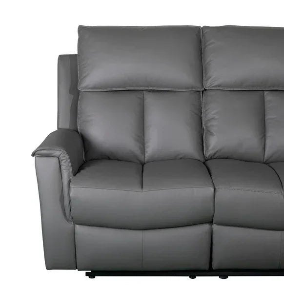 Grey leather recliner sofa with padded seats and armrests, front view