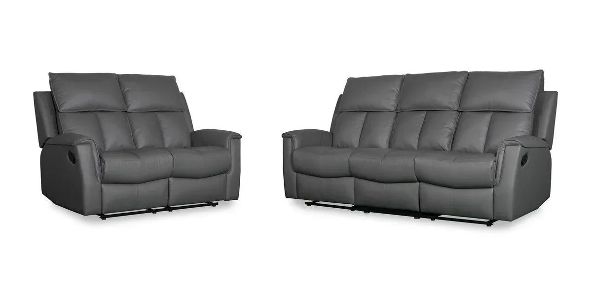 Grey leather recliner sofa set with two and three-seater sofas, front view