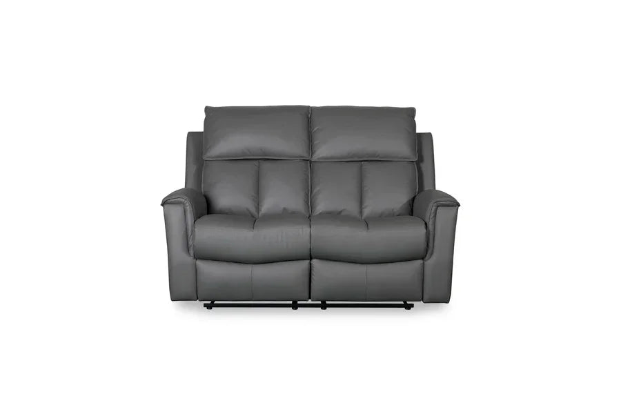 Grey leather recliner sofa with high backrest and padded armrests, front view