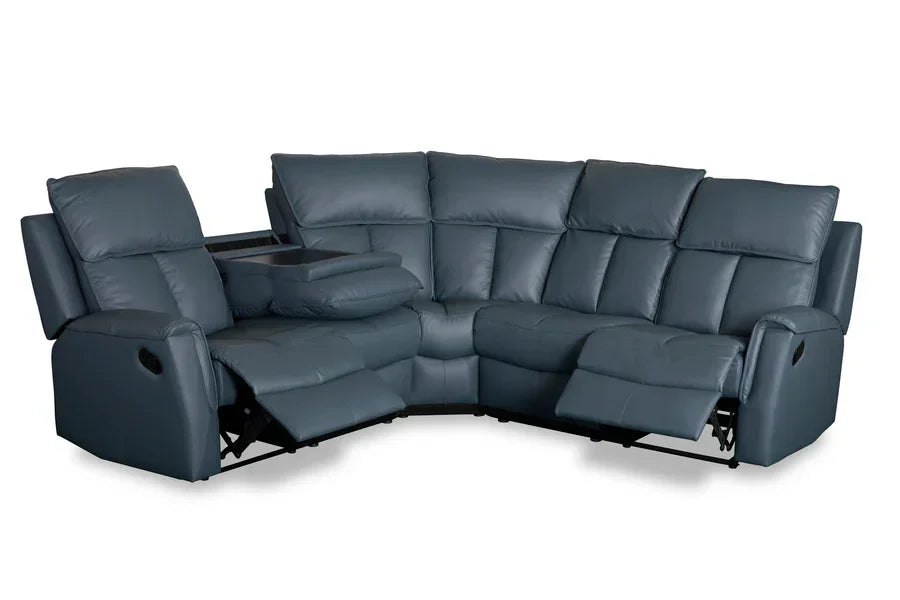 Grey leather corner recliner sofa with cup holder and extended footrests