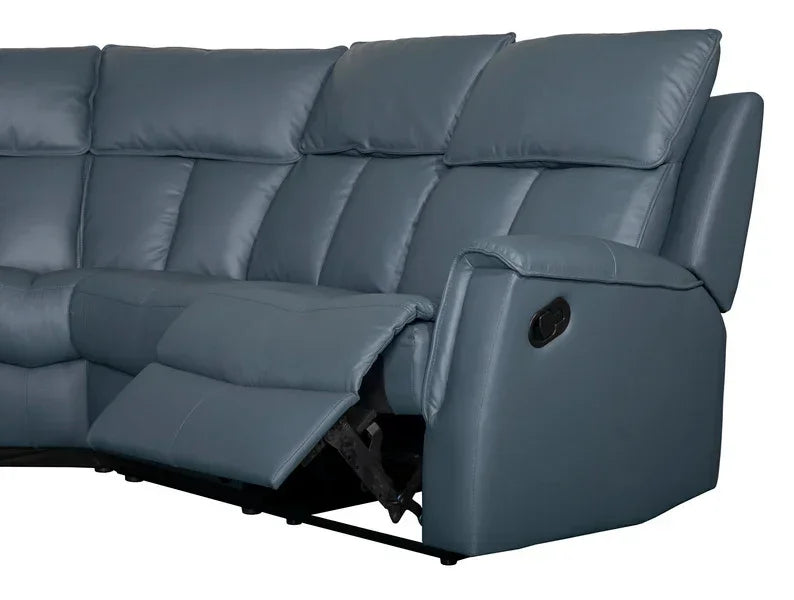Blue leather corner recliner sofa with padded seats and extended footrest