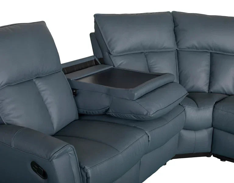 Grey leather corner sofa with built-in tray table and recliner feature