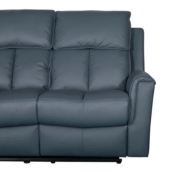 Blue faux leather sofa with tufted cushions and padded armrests, pictured from the front