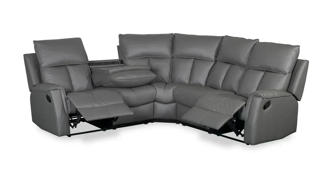 Grey leather corner recliner sofa with cup holder and raised footrests