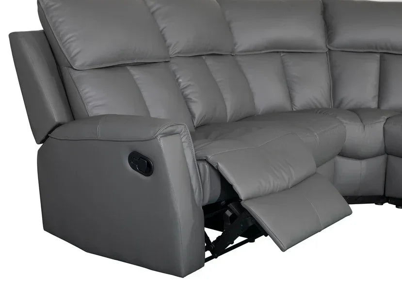 Grey leather corner recliner sofa with extended footrest and padded cushions