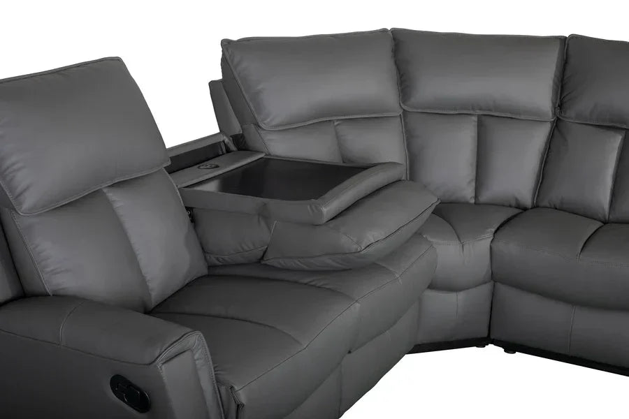 Grey recliner corner sofa with built-in cup holders and fold-down tray table
