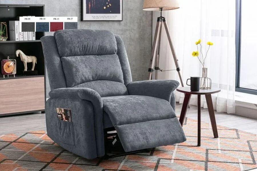 Grey fabric recliner armchair with footrest extended beside a round side table in living room