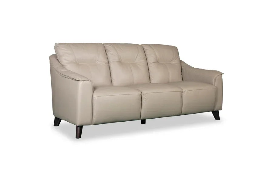 Beige leather sofa with three seats and wooden legs on white background