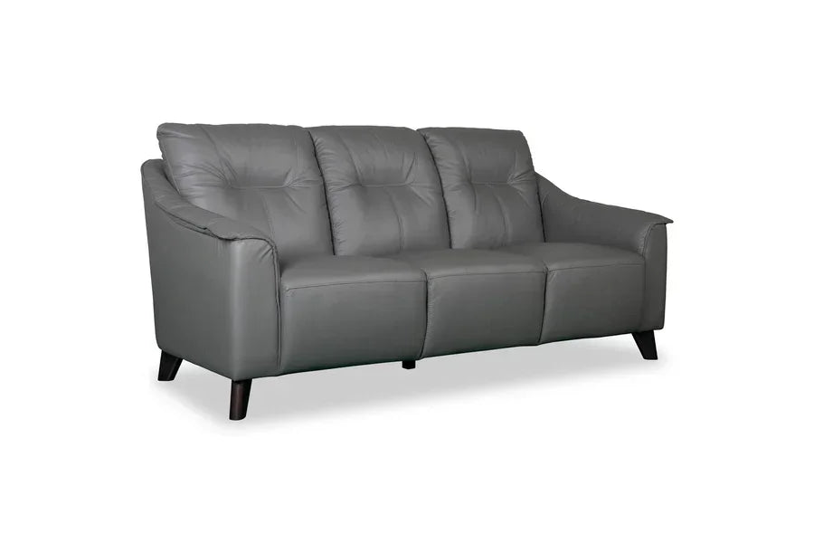 Grey leather sofa with tufted backrest and angled dark wooden legs