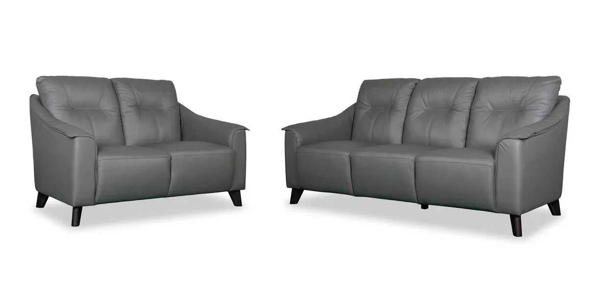 Grey leather sofa set with matching two-seater and three-seater, black wooden legs