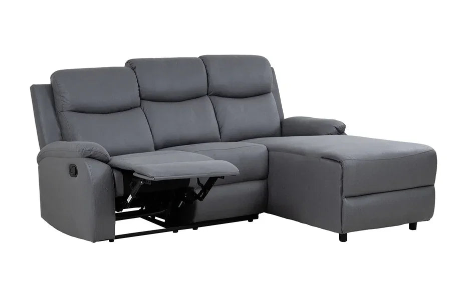 Grey corner sofa with chaise and reclining seat, upholstered in faux leather