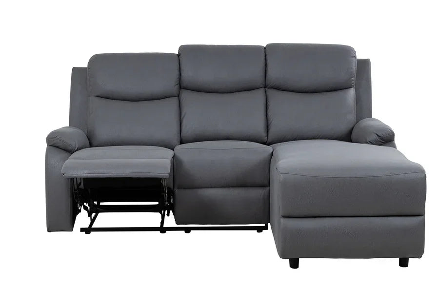 Grey fabric corner sofa with left recliner and chaise lounge, front view