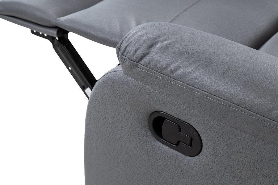 Grey fabric recliner chair close-up showing padded armrest and side handle mechanism