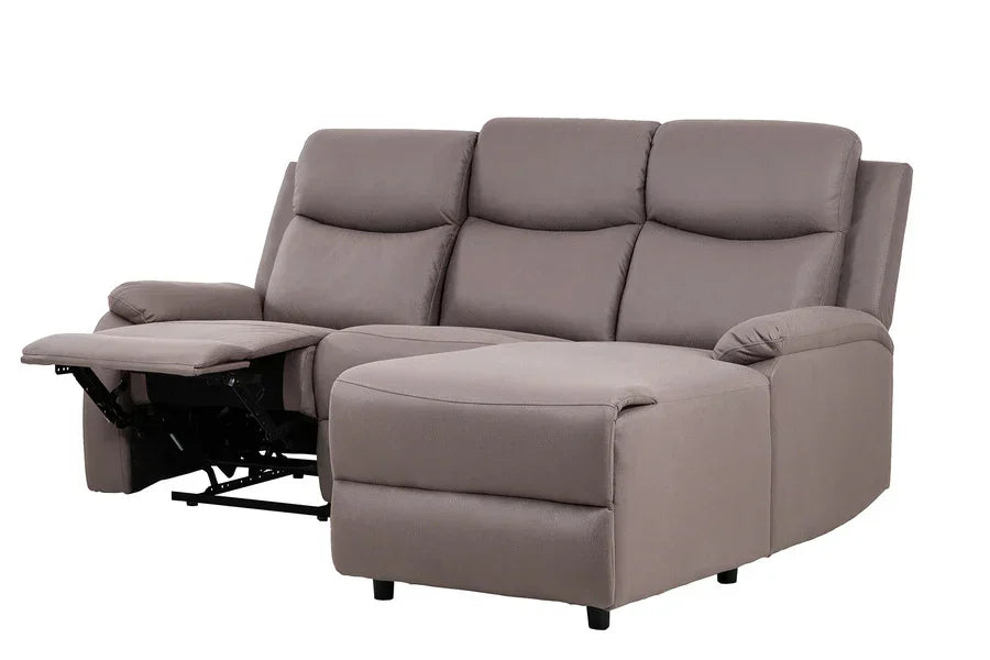 Grey corner reclining sofa with chaise and padded armrests on white background