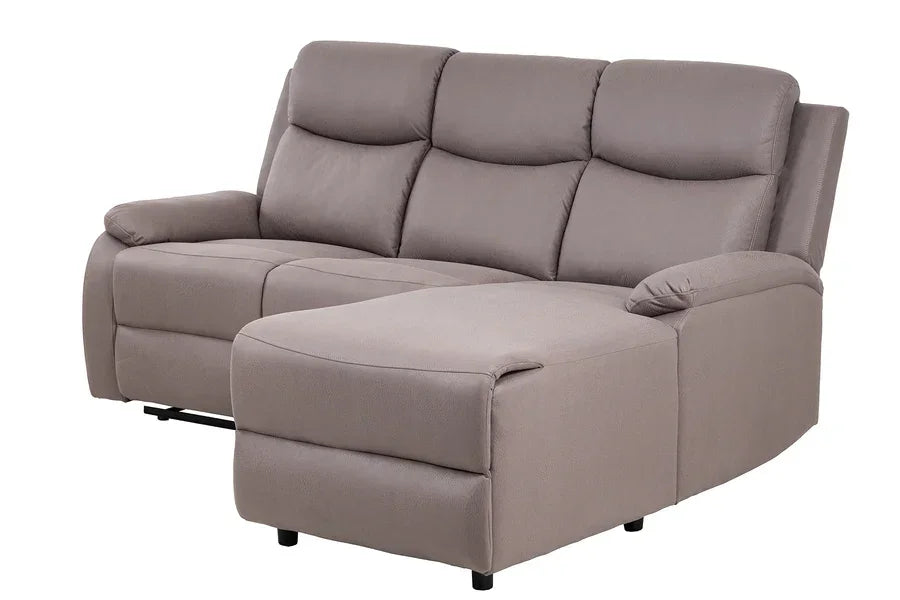 Grey fabric corner sofa with chaise lounge and padded armrests, front view