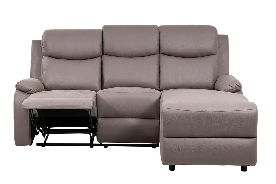 Grey fabric corner sofa with left side recliner and chaise lounge, front view