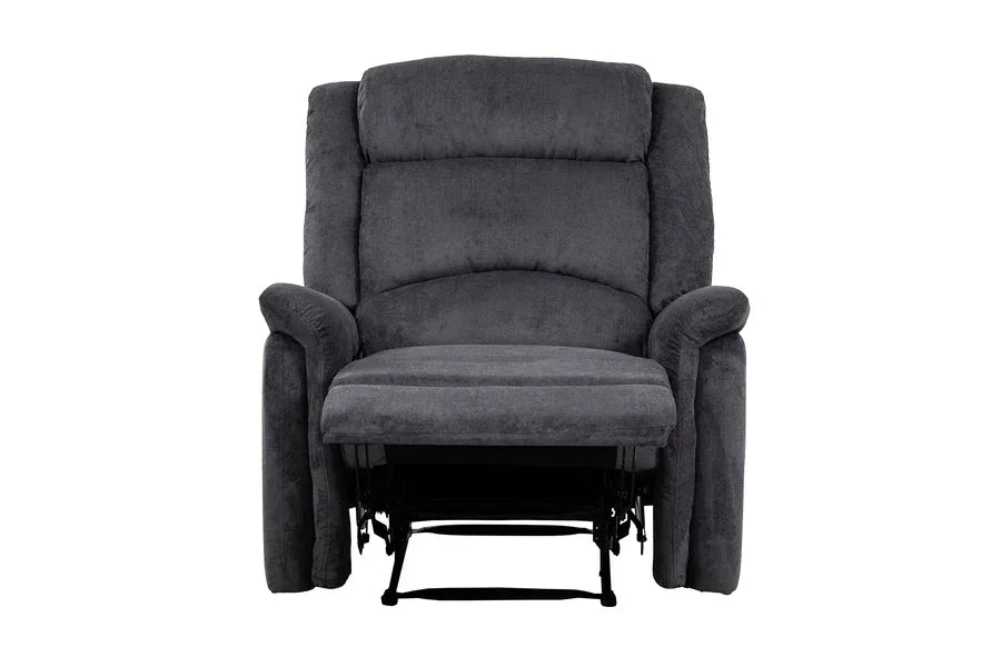 Charcoal grey recliner armchair with raised footrest, plush fabric and padded back support