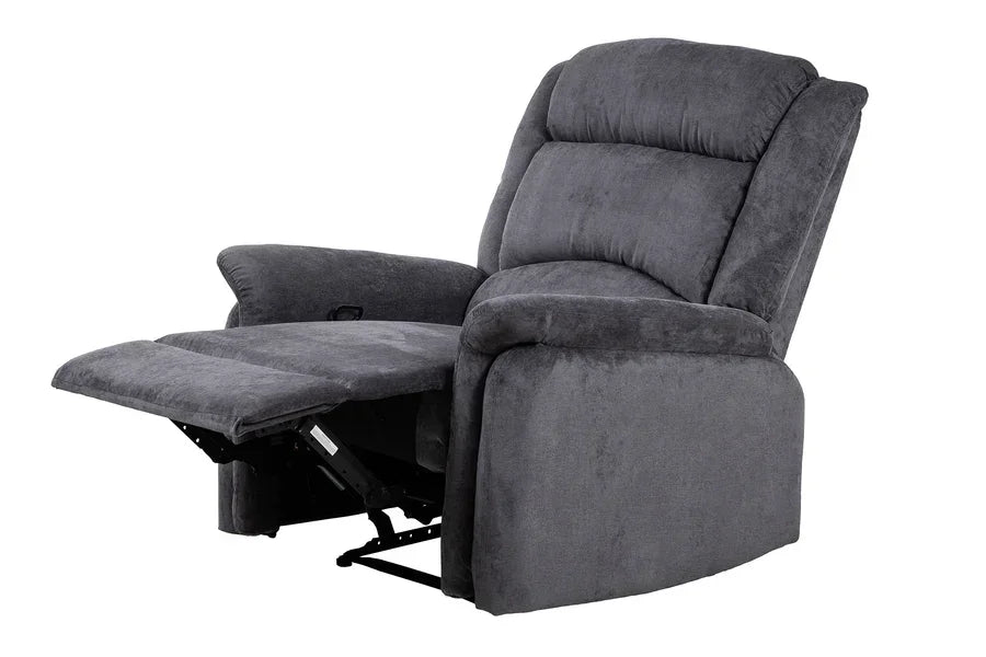 Grey fabric recliner chair with padded arms and extended footrest