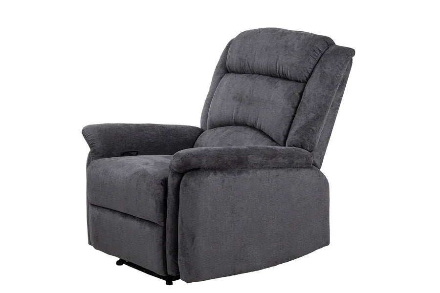 Dark grey fabric recliner armchair with cushioned backrest shown at an angle