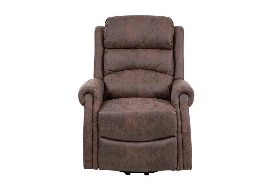 Brown leather recliner chair with padded arms and high back, front view