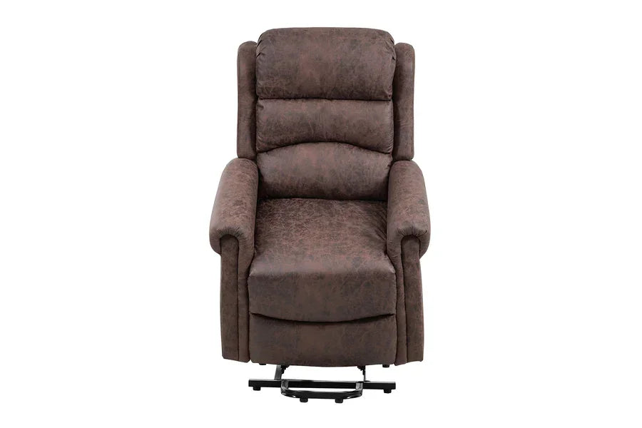 Brown fabric recliner chair with padded arms and backrest, front facing view