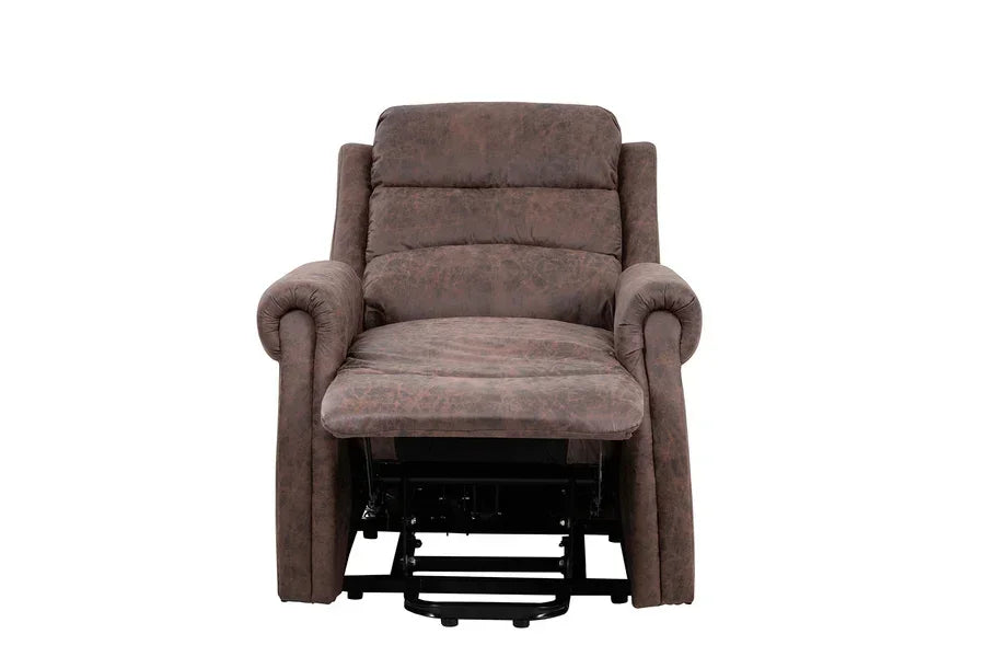Brown fabric recliner armchair with padded seat and footrest extended, front view