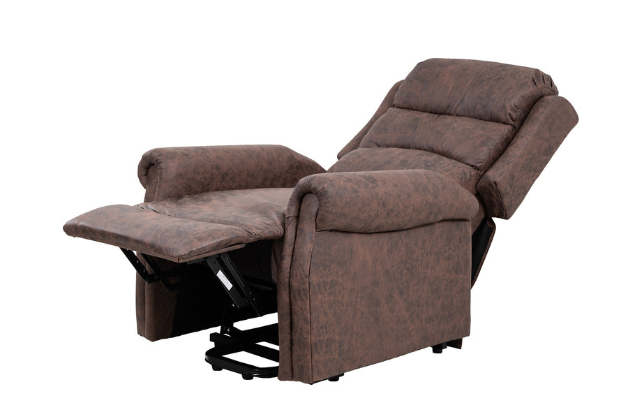 Brown fabric recliner armchair fully extended, side angle view